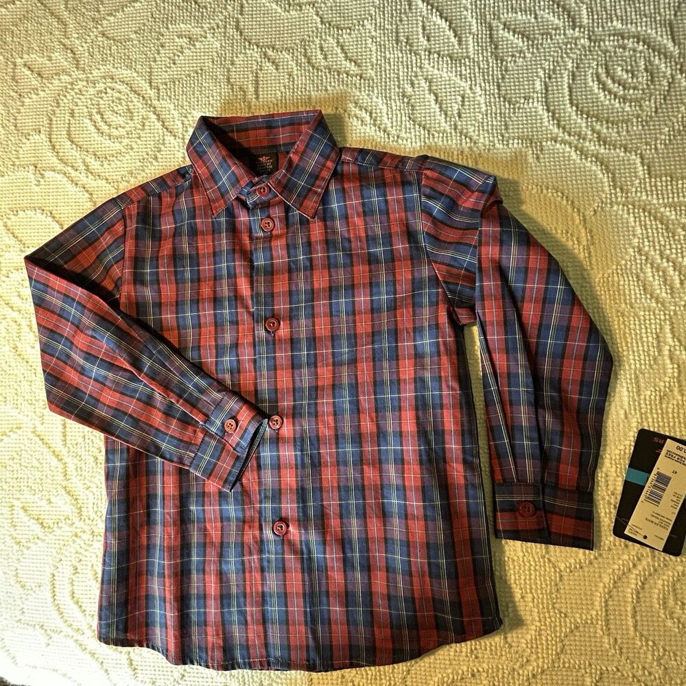 Dockers Boys 4T Plaid Button-Up Shirt Red Blue Long Sleeve Cotton Poly NWT